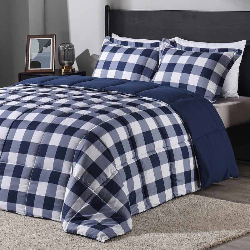 downluxe Lightweight Plaid Comforter Set (Twin) with 1 Pillow Sham - 2-Piece Set - Blue/White Plaid - Down Alternative Reversible Comforter - Image 1