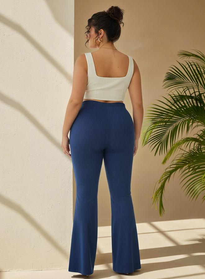 Take Two Plus Size Blue Knit Flare Trousers - Image 2