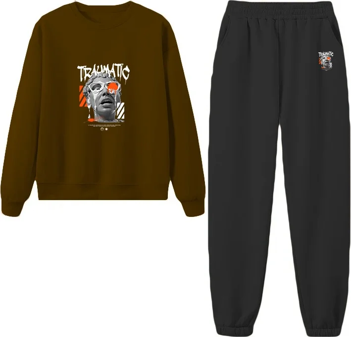 DogFish Tracksuit Set Oversize Undeath Printed Tracksuit Set,lover,couple Combination Brown