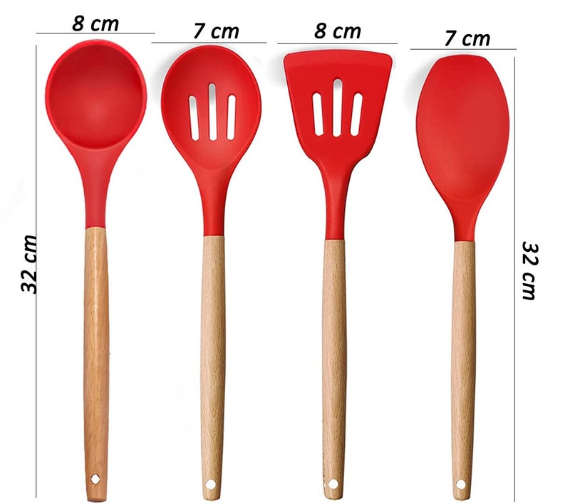 P-Plus International Spatula, Spoon, and ladle Set - Slotted Spatula for Fish - Rice Spoon - Serving Spoon - Fish Spatula (Set of 4, Red) - Image 2