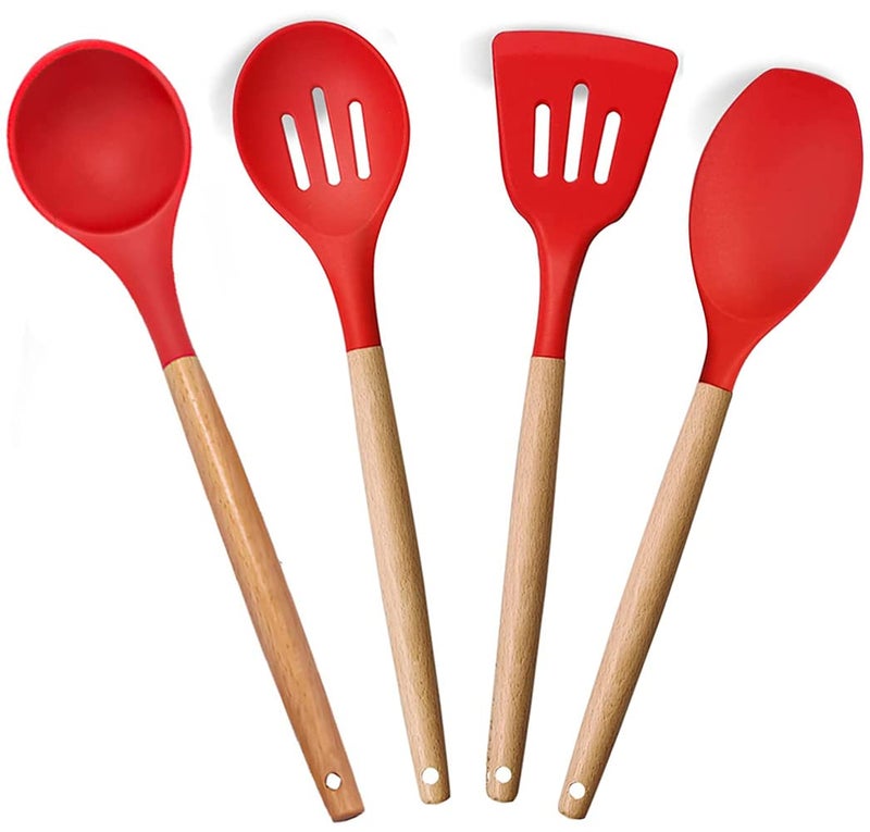 P-Plus International Spatula, Spoon, and ladle Set - Slotted Spatula for Fish - Rice Spoon - Serving Spoon - Fish Spatula (Set of 4, Red) - Image 1