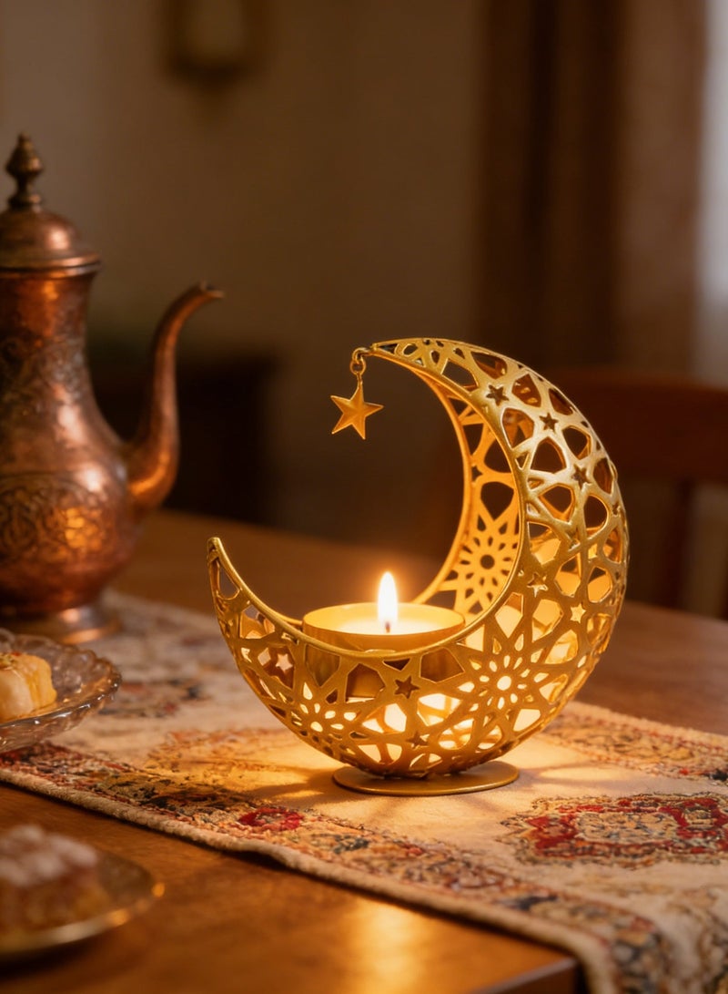 Yoawllty Ramadan Decor, Candle Holder Gold Moon Lantern, Eid Mabarak Decorative Tea Light Candlestick, Islamic Table Centerpiece for Home Party Wedding Gift 11x11cm - Image 2