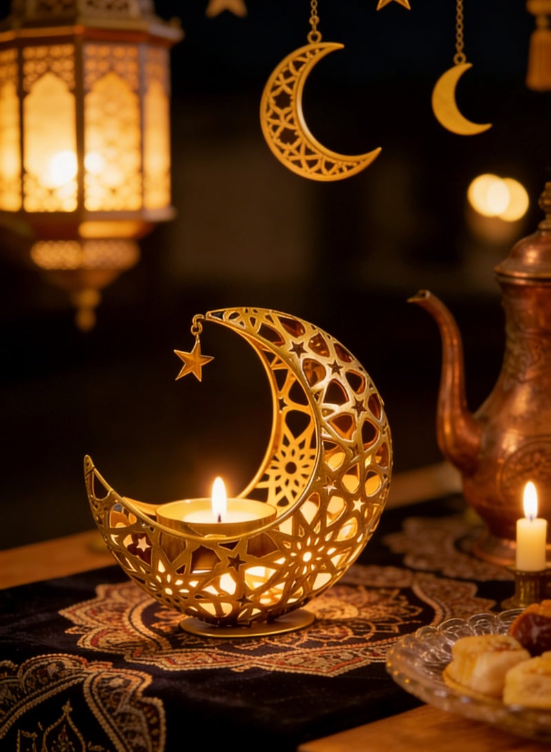 Yoawllty Ramadan Decor, Candle Holder Gold Moon Lantern, Eid Mabarak Decorative Tea Light Candlestick, Islamic Table Centerpiece for Home Party Wedding Gift 11x11cm - Image 1