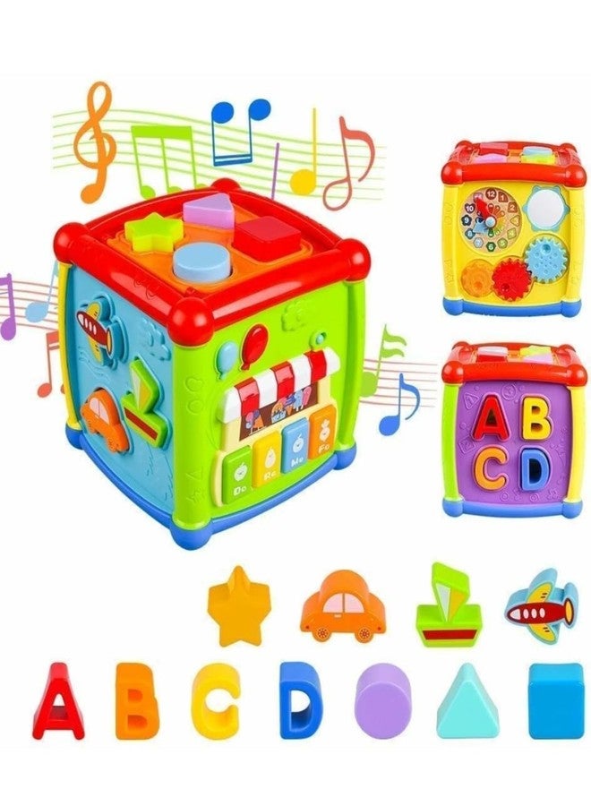 Toyshimmer 6 Sided Musical Geometric Cube Toy Blocks Math Montessori Clock for 18+M Children Early Education Toys Flashing Sounding Toy Including Blocks, Clock, Gears, Music Panel with Keyboard - Image 1