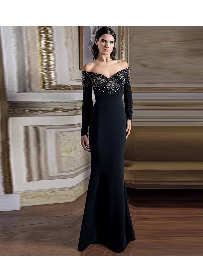 NIBEMINENT Fashionable Off-the-shoulder Fishtail Long Dress With Diamonds For Ladies - Image 1