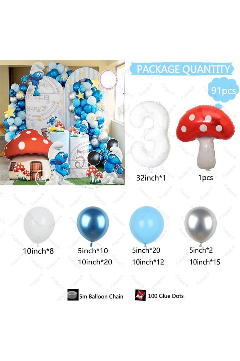 32inch number-3 91pcs Cute Forest-S&Smurfes-Theme Kids Birthday Party 32inch Number Balloon Smurfes