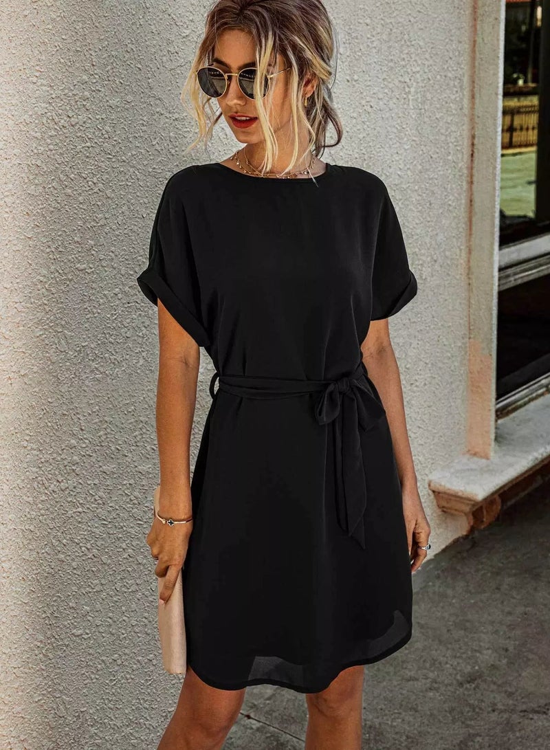 Solid Self Tie Tunic Dress  - Image 2