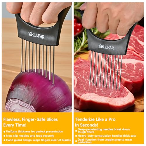 WELLFAR 【2 PCS】Onion Slicer Holder - Onion Holder for Slicing, Vegetable Chopper & Cutter Tool for Potato, Lemon, Tomatoes, Stainless Steel Kitchen Gadget with Guide Rack, Meat Prep & Food Essentials. - Image 4