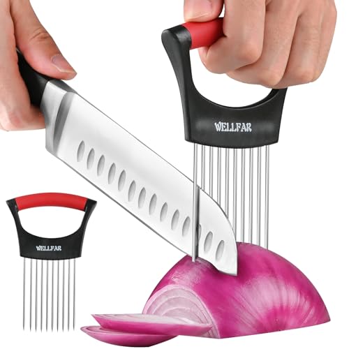 WELLFAR 【2 PCS】Onion Slicer Holder - Onion Holder for Slicing, Vegetable Chopper & Cutter Tool for Potato, Lemon, Tomatoes, Stainless Steel Kitchen Gadget with Guide Rack, Meat Prep & Food Essentials. - Image 1