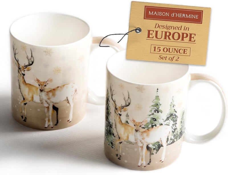 Maison d' Hermine Maison d Hermine Coffee Mug with Handles Fine Bone China Mugs Pack of Two Tea Cups for Hot Beverages Cappuccino Latte Home Restaurant Office Perfect for Gift Deer In The Woods 15 Ounce - Image 1