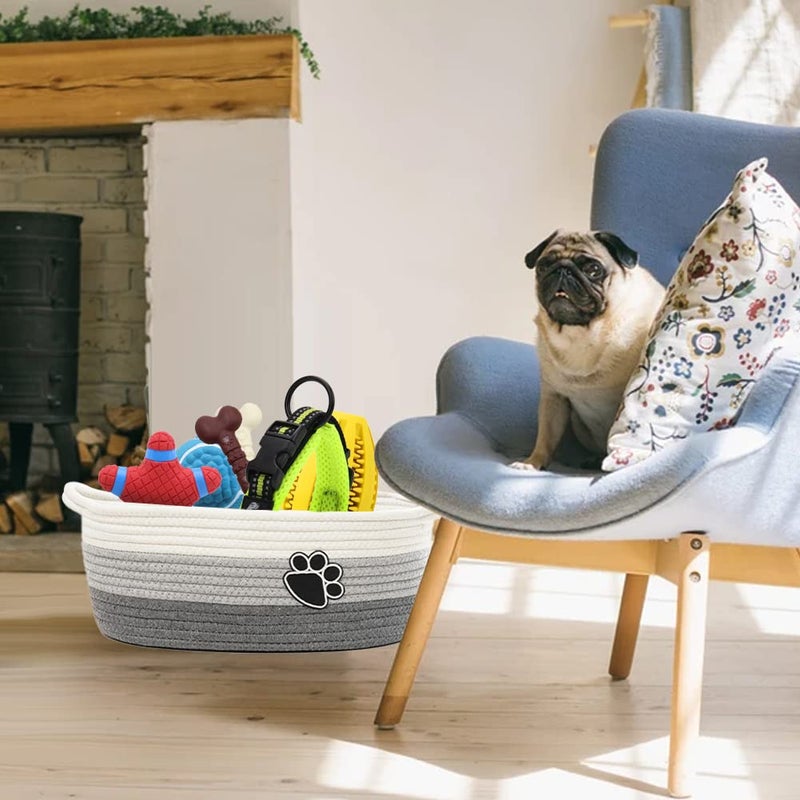 STOBSK Small Woven Baskets for Organizing Rope Storage Basket with Handle Cute Cotton Basket for Nursery Gift Dog Toy Storage Bins for Toy Organizer Grey-white - Image 4