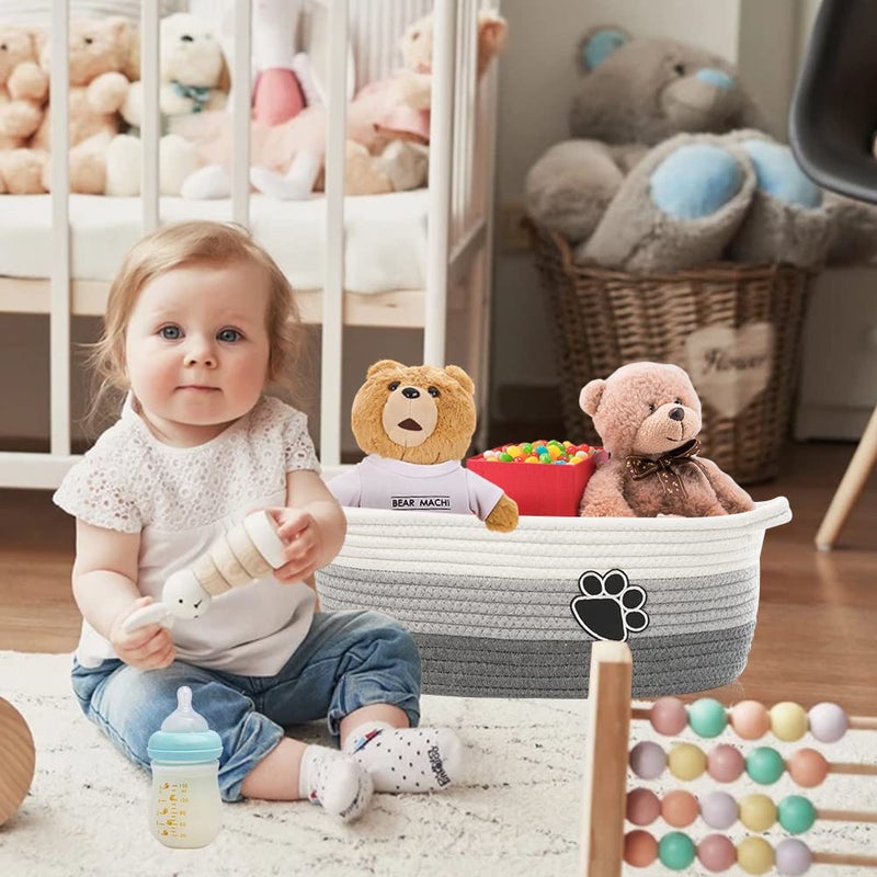 STOBSK Small Woven Baskets for Organizing Rope Storage Basket with Handle Cute Cotton Basket for Nursery Gift Dog Toy Storage Bins for Toy Organizer Grey-white - Image 3