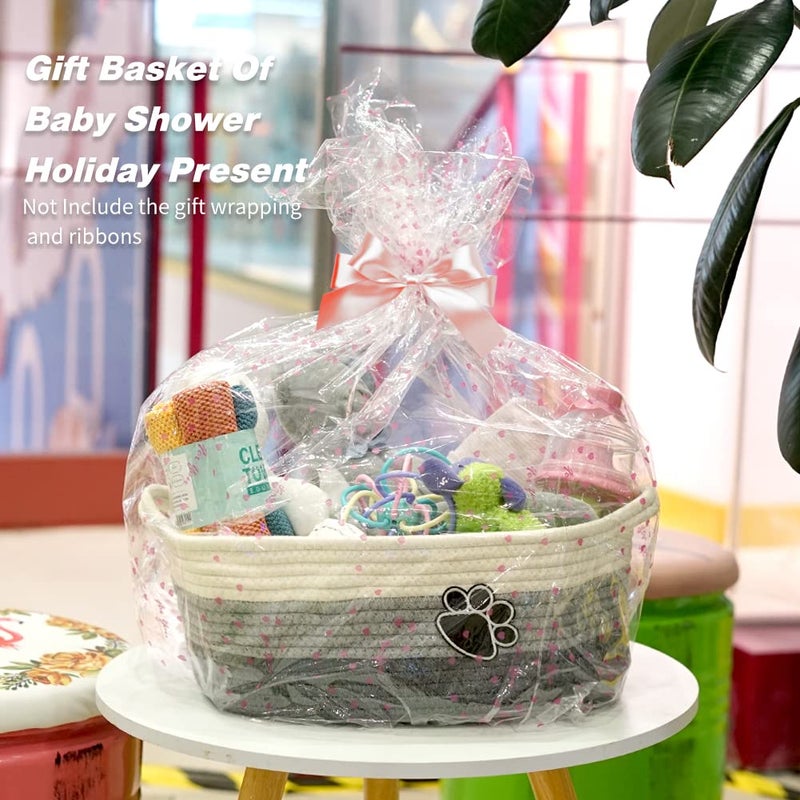 STOBSK Small Woven Baskets for Organizing Rope Storage Basket with Handle Cute Cotton Basket for Nursery Gift Dog Toy Storage Bins for Toy Organizer Grey-white - Image 2