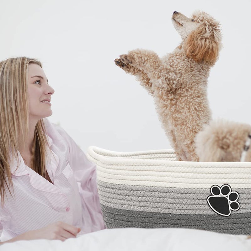 STOBSK Small Woven Baskets for Organizing Rope Storage Basket with Handle Cute Cotton Basket for Nursery Gift Dog Toy Storage Bins for Toy Organizer Grey-white - Image 5
