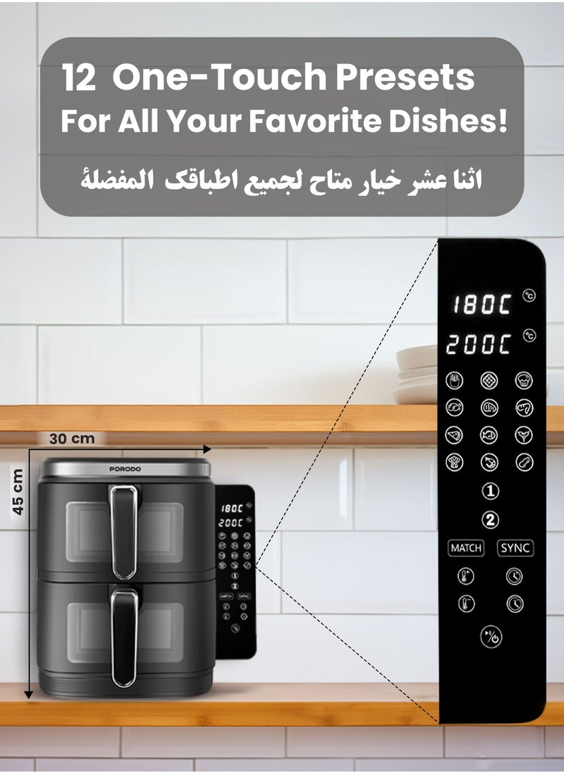 porodo - 11L Air Fryer Double Stack 5.5L+5.5L Capacity 2800W with Info Display & Touch Panel / 12 Presets / Versatile Cooking Functions / High-Efficiency Cooking / Healthier meals - Black - Image 1