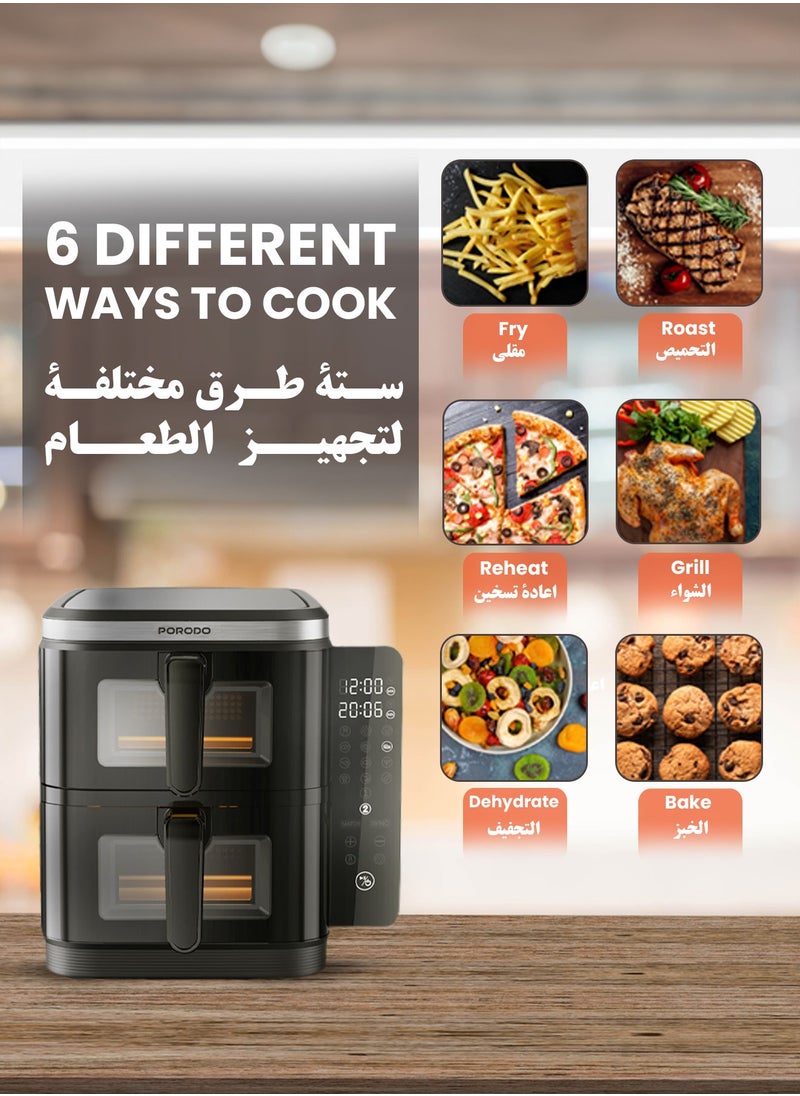 porodo - 11L Air Fryer Double Stack 5.5L+5.5L Capacity 2800W with Info Display & Touch Panel / 12 Presets / Versatile Cooking Functions / High-Efficiency Cooking / Healthier meals - Black - Image 1