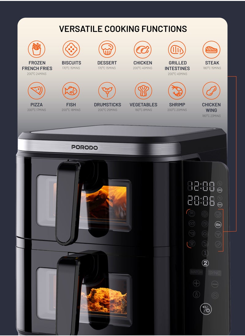 porodo - 11L Air Fryer Double Stack 5.5L+5.5L Capacity 2800W with Info Display & Touch Panel / 12 Presets / Versatile Cooking Functions / High-Efficiency Cooking / Healthier meals - Black - Image 1