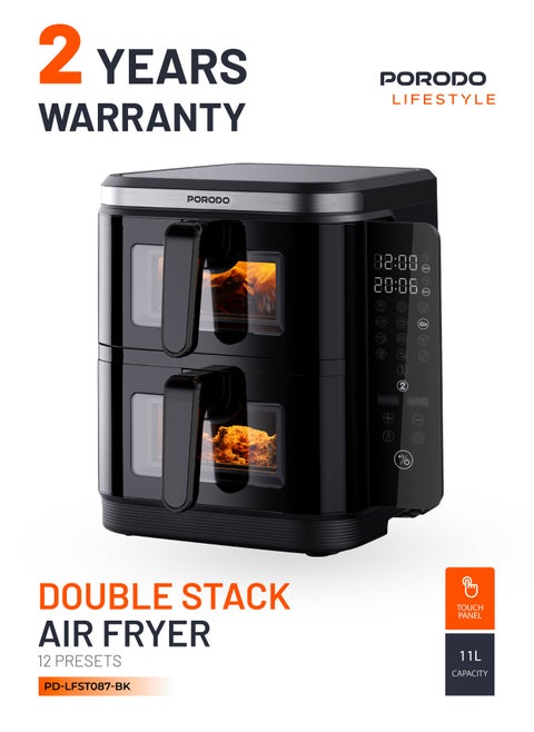 11L Air Fryer Double Stack 5.5L+5.5L Capacity 2800W with Info Display & Touch Panel / 12 Presets / Versatile Cooking Functions / High-Efficiency Cooking / Healthier meals - Black