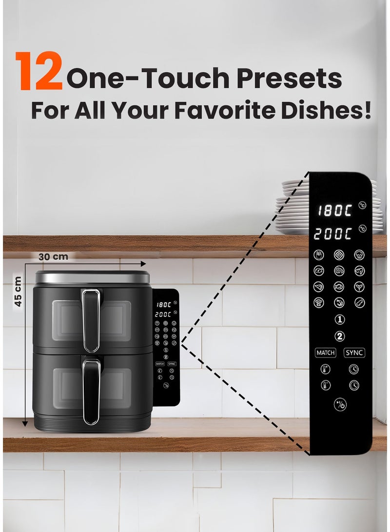 بورودو مقلاة هوائية مزدوجة سعة 11 لترًا، سعة 5.5 لتر + 5.5 لتر، 2800 واط، مع شاشة معلومات ولوحة لمس / 12 إعدادًا مسبقًا / وظائف طهي متعددة / طهي عالي الكفاءة / وجبات صحية - أسود - Image 3