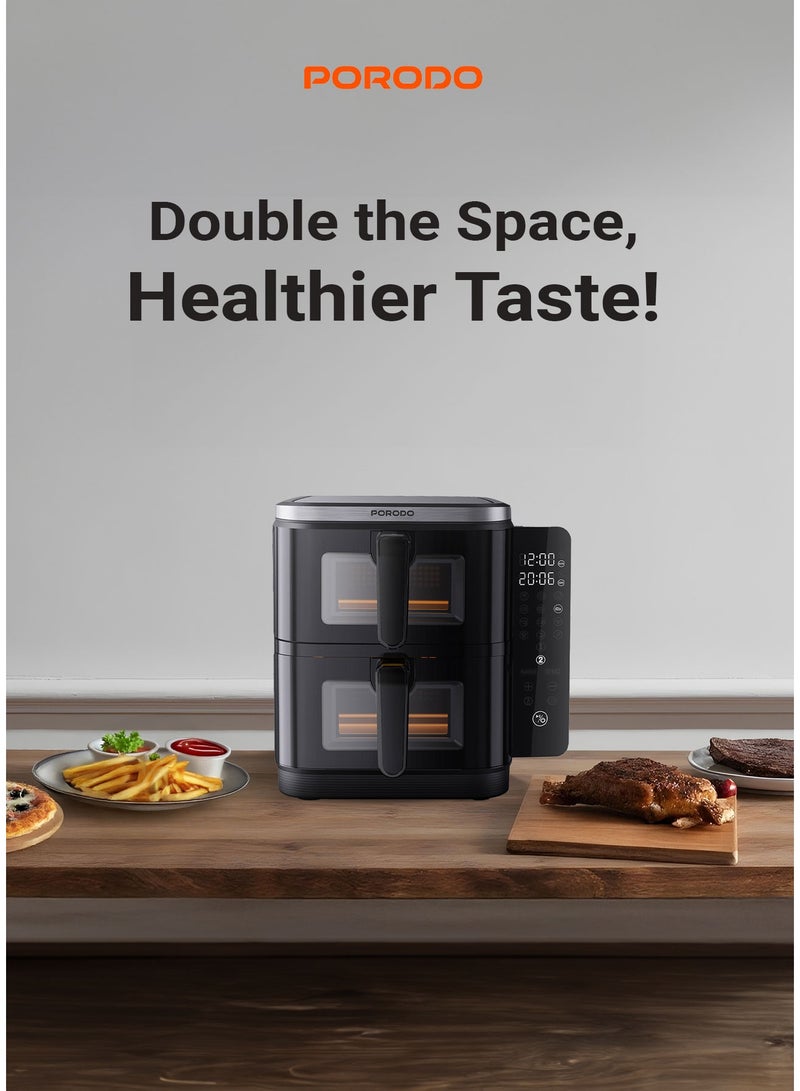 بورودو مقلاة هوائية مزدوجة سعة 11 لترًا، سعة 5.5 لتر + 5.5 لتر، 2800 واط، مع شاشة معلومات ولوحة لمس / 12 إعدادًا مسبقًا / وظائف طهي متعددة / طهي عالي الكفاءة / وجبات صحية - أسود - Image 2