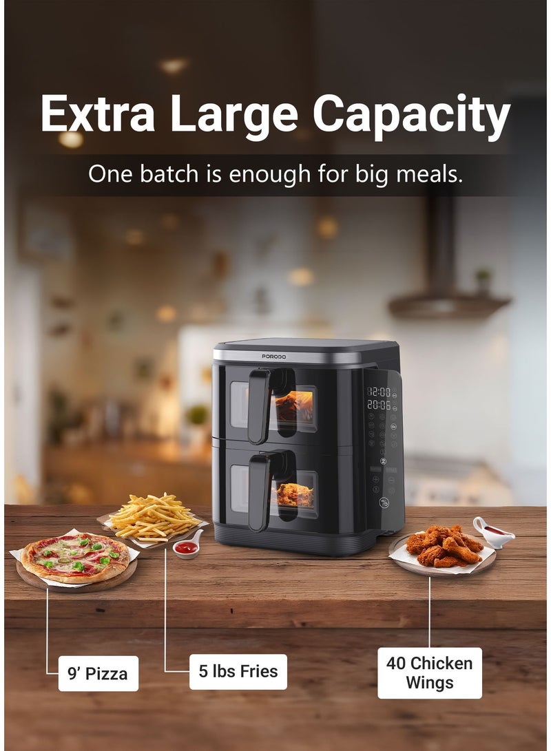 بورودو مقلاة هوائية مزدوجة سعة 11 لترًا، سعة 5.5 لتر + 5.5 لتر، 2800 واط، مع شاشة معلومات ولوحة لمس / 12 إعدادًا مسبقًا / وظائف طهي متعددة / طهي عالي الكفاءة / وجبات صحية - أسود - Image 4