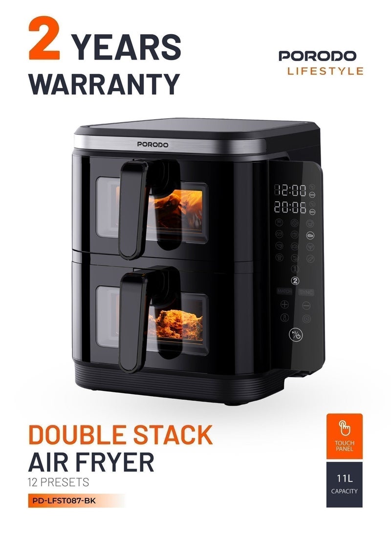 بورودو قلاية هوائية دبل ستاك 2800 واط، سعة 11 لتر مع لوحة لمس قابلة للطي و 12 إعداد مسبق مع سلة قابلة للغسل في غسالة الصحون – حجم عائلي، قلاية هوائية للطهي الصحي، وجبات الحمية، وجبات الرياضة - Image 1