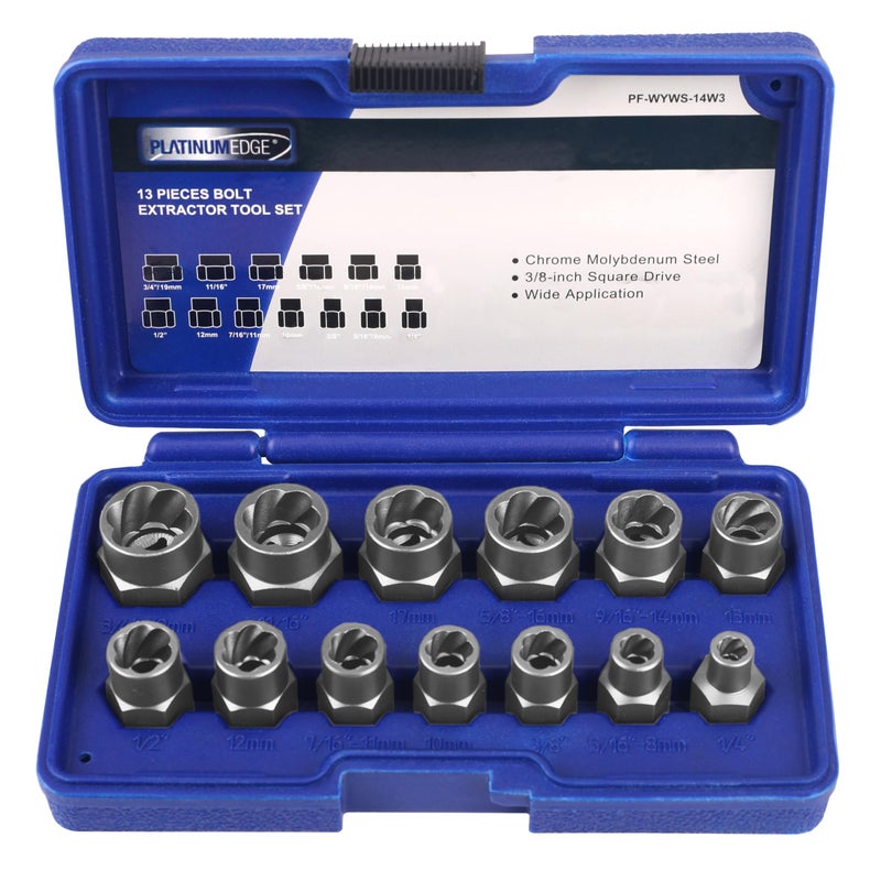 PLATINUMEDGE 13 Pieces Impact Bolt & Nut Remover Set, Stripped Bolt Extractor Set, Cr-Mo Extraction Tool Set with Solid Storage Case, Easy Out Rusted Rounded Damaged Nuts and Bolts - Image 1