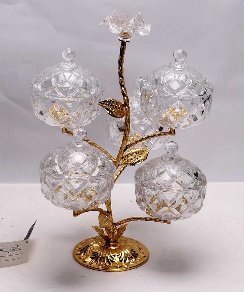 B&D مجموعة أوعية حلوى زجاجية كريستالية زخرفية مع حامل معدني ذهبي، 4 أوعية مع أغطية