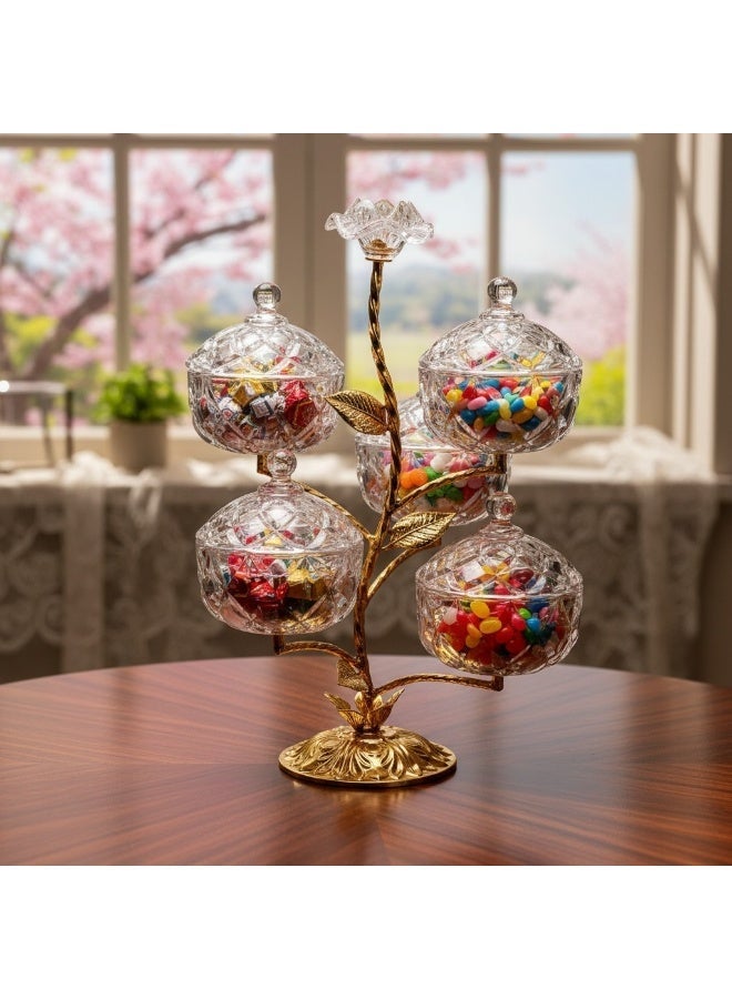 B&D Decorative Crystal Glass Candy Bowl Set with Gold Metal Stand, 4 Bowls with Lids - Image 1