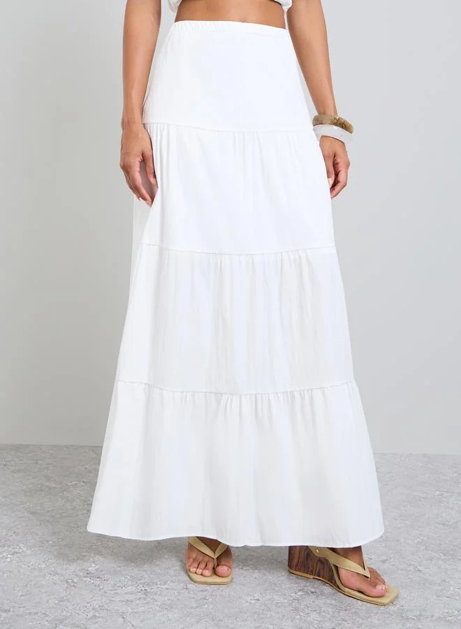Take Two White Solid Tiered Maxi Skirt
