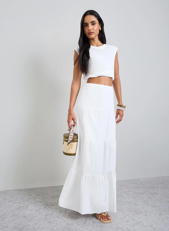 Take Two White Solid Tiered Maxi Skirt