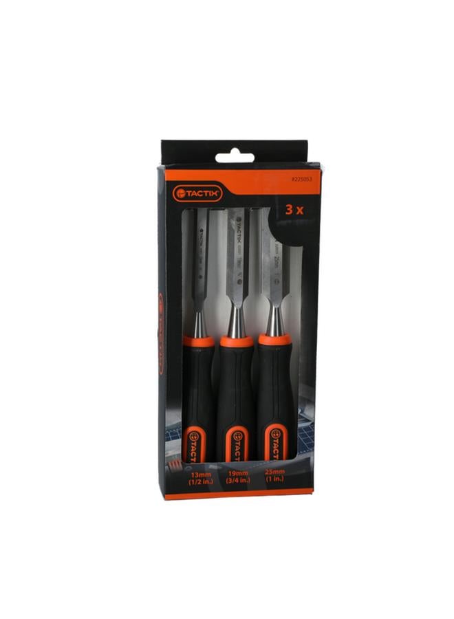 Tactix 3-Piece Chrome-Vanadium Steel Wood Chisels Set with Non-Slip Handle Orange and Black - Image 1