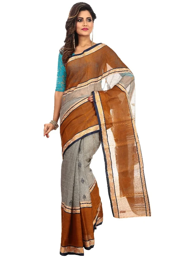 Parinita Sarees ساري تانت للنساء باللون البني والرمادي