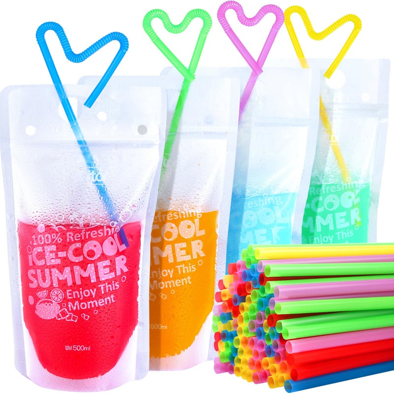 Teenitor 100Pcs Drink Pouches  Drink Pouches for Adults Alcohol  Drink Pouches with Straw Juice Pouches 100Pcs Straws  Liquor Bags Drink Bags For Smoothies Juices Stand Up Liquid Pouches 16oz - Image 1