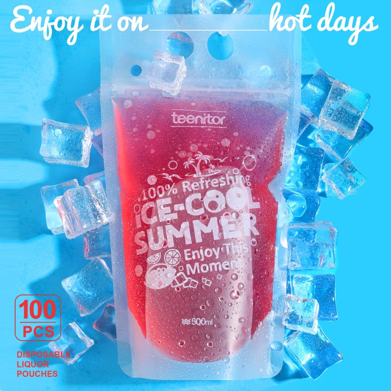 Teenitor 100Pcs Drink Pouches  Drink Pouches for Adults Alcohol  Drink Pouches with Straw Juice Pouches 100Pcs Straws  Liquor Bags Drink Bags For Smoothies Juices Stand Up Liquid Pouches 16oz - Image 2