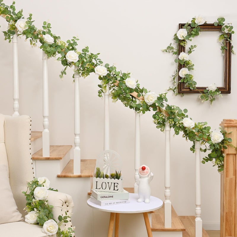Dolicer 2Pcs 13Ft Artificial Eucalyptus Garlands with Flowers - 8 Roses  Faux Floral Greenery Garlands Fake Flowers Vines for Wedding Table Centerpieces Arch Party Ceremony Backdrop Decor (White) - Image 3