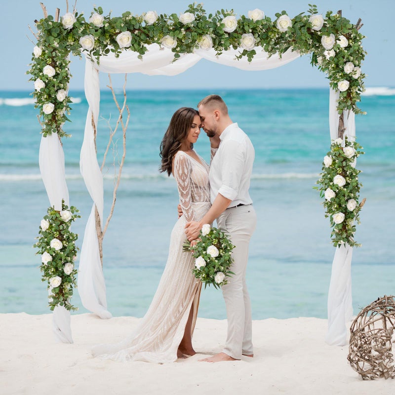 Dolicer 2Pcs 13Ft Artificial Eucalyptus Garlands with Flowers - 8 Roses  Faux Floral Greenery Garlands Fake Flowers Vines for Wedding Table Centerpieces Arch Party Ceremony Backdrop Decor (White) - Image 5