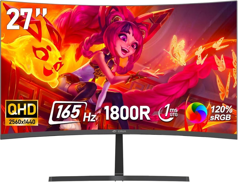 CRUA شاشة ألعاب 27 بوصة منحنية 2K 165Hz 1800R، دقة QHD (2560x1440)، 120% sRGB، FreeSync، وضع LowBlue، تباين 3000:1، شاشة كمبيوتر للرياضات الإلكترونية والمنزل والمكتب - Image 1