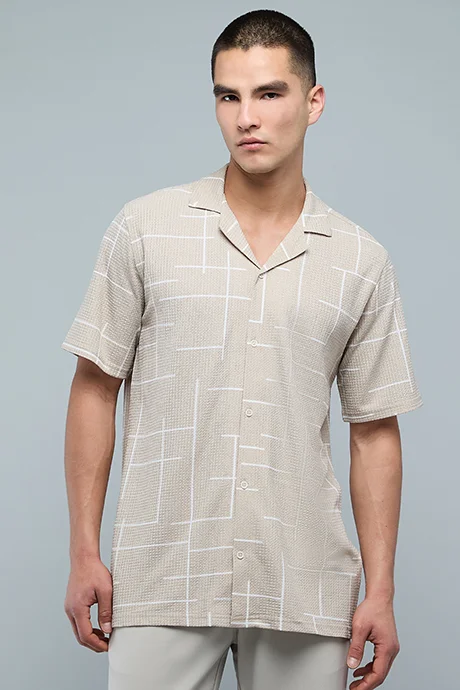 أر أند بي Patterned Shirt with Revere Collar and Short Sleeves