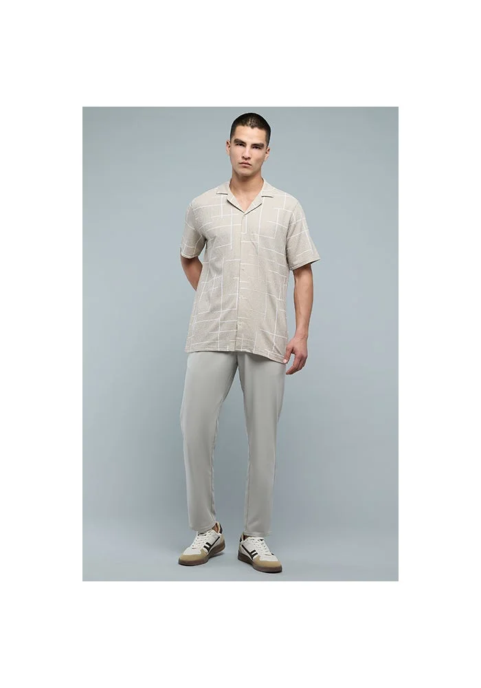R&b Patterned Shirt with Revere Collar and Short Sleeves