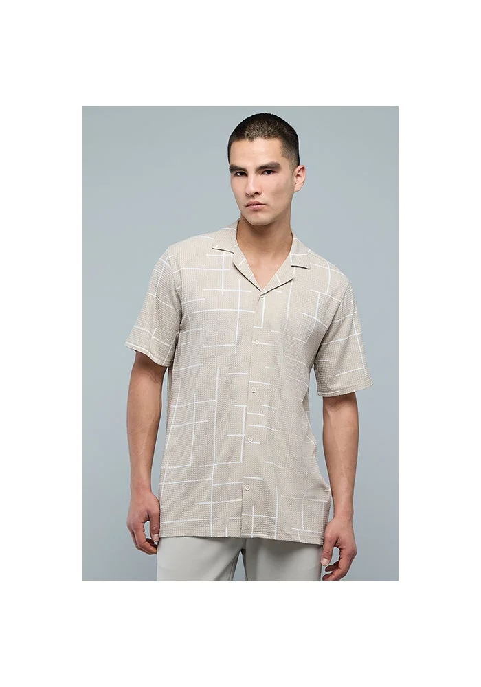 R&b Patterned Shirt with Revere Collar and Short Sleeves