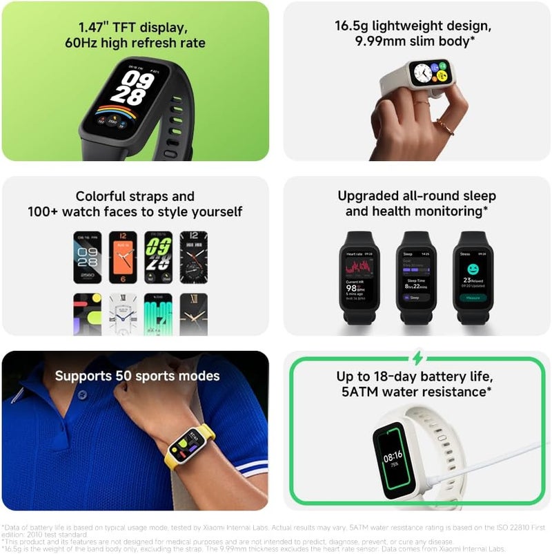 Xiaomi Smart Band 9 Active Black  شاشة TFT 1.47  عمر بطارية طويل  50 وضع  مراقبة الصحة  9.99 مم رقيقة جدا  مقاومة للماء 50 متر - Image 2