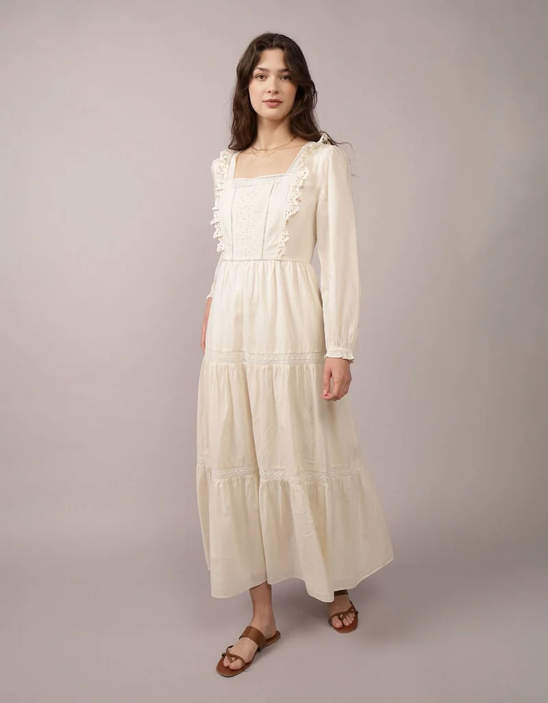 AE Long-Sleeve Tiered Embroidered Midi Dress