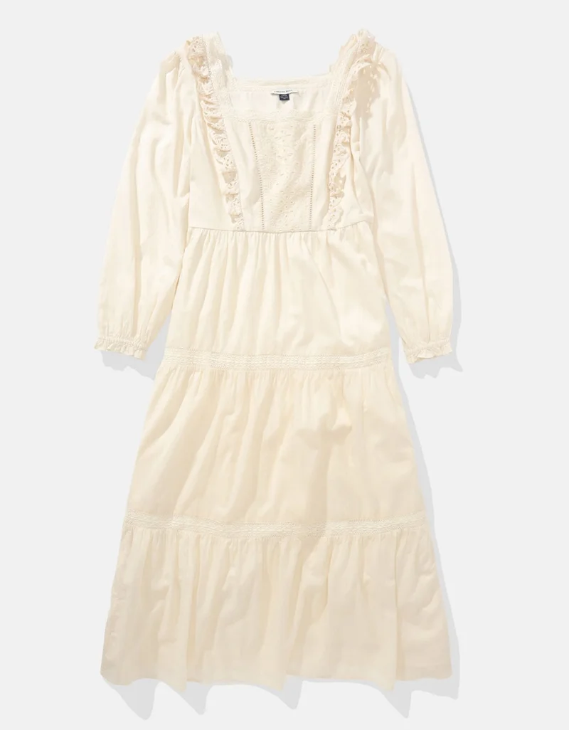 American Eagle  AE Long-Sleeve Tiered Embroidered Midi Dress for Women | Best Price UAE