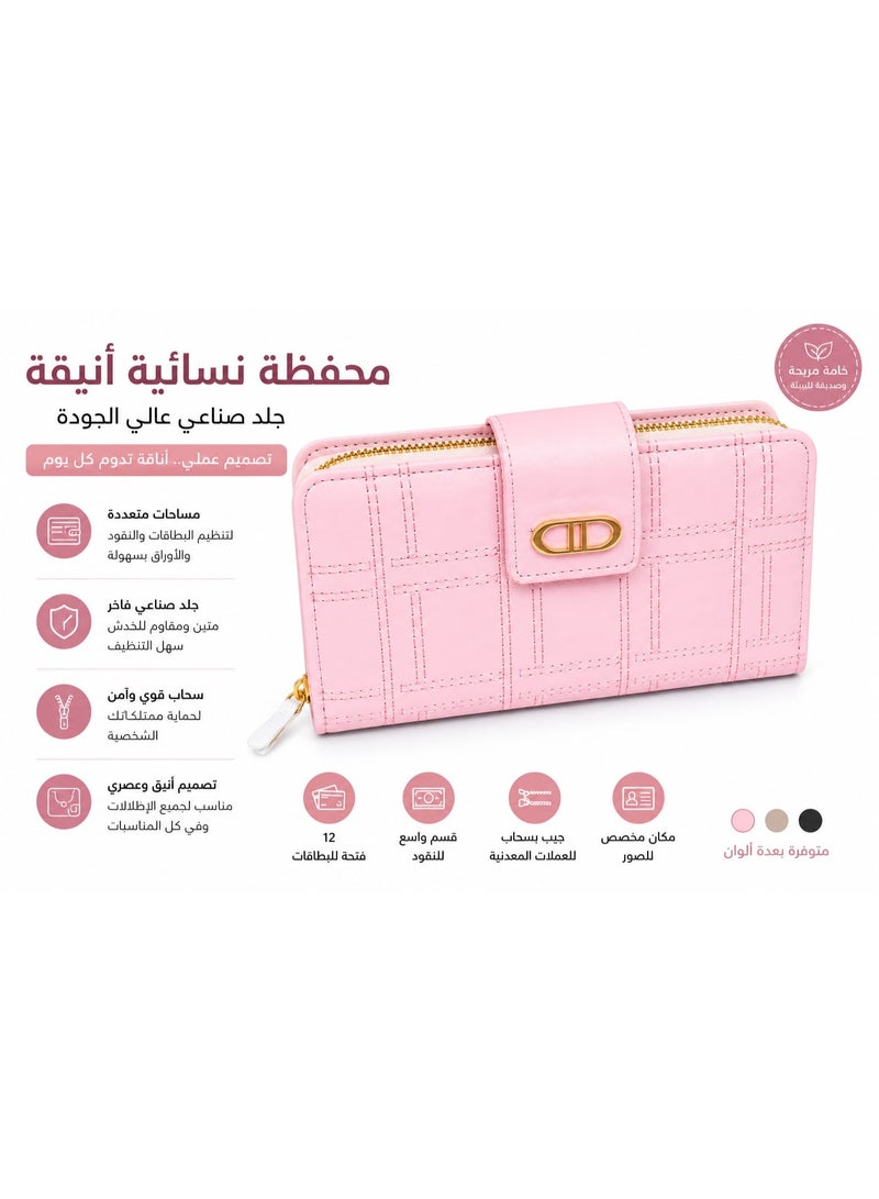 محفظة نسائية أنيقة بجلد صناعي عالي الجودة وسحاب مزدوج – تصميم عصري مبطن بسعة تخزين كبيرة للبطاقات والنقود، خفيفة الوزن للمثالية اليومية والسفر - Image 2