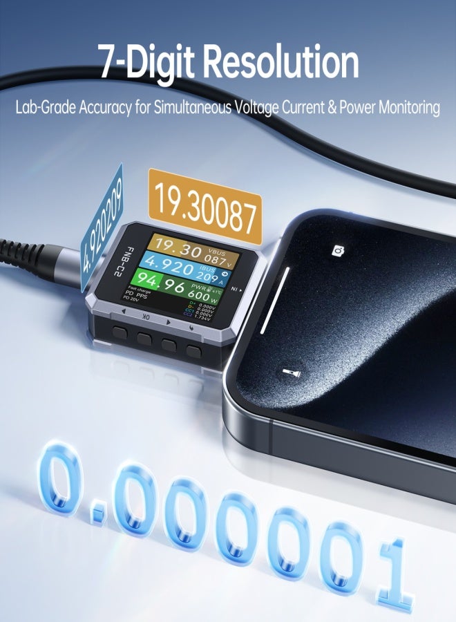 FNIRSI FNB-C2 USB-C Tester, 50V/6.5A/240W Fast Charging Protocol Tool, 20-bit ADC, PD3.1 EPR Support, E-Marker Cable Test, Ripple Analysis, PC Software, 1.54" HD LCD Auto-Rotation Display - Image 3