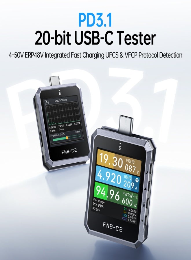 FNIRSI FNB-C2 USB-C Tester, 50V/6.5A/240W Fast Charging Protocol Tool, 20-bit ADC, PD3.1 EPR Support, E-Marker Cable Test, Ripple Analysis, PC Software, 1.54" HD LCD Auto-Rotation Display - Image 2