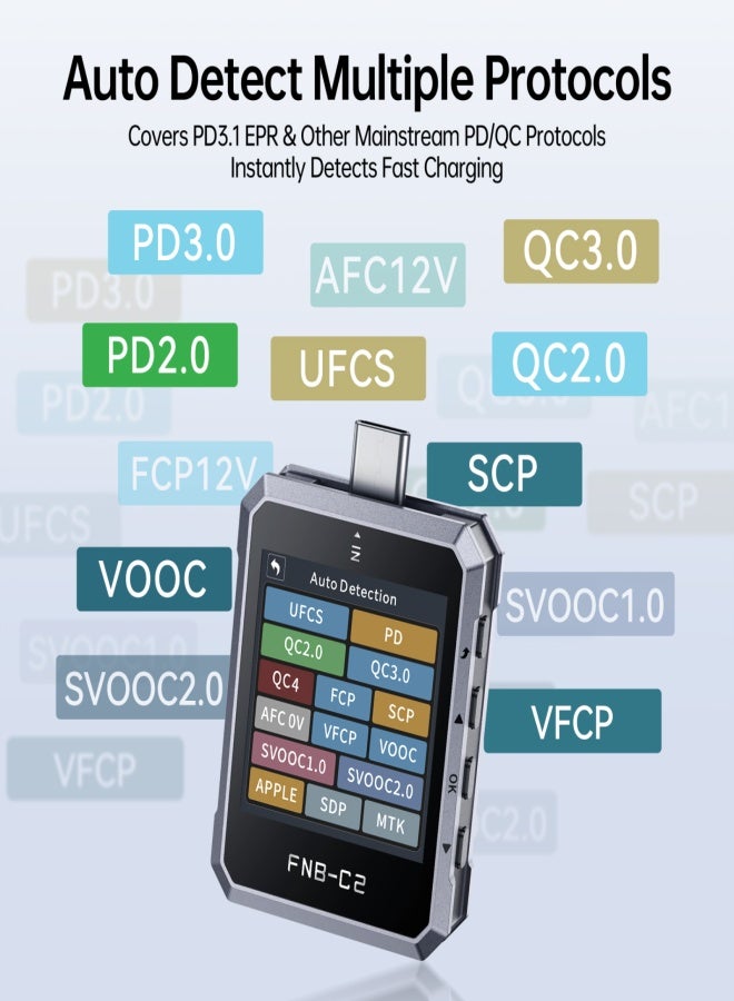 FNIRSI FNB-C2 USB-C Tester, 50V/6.5A/240W Fast Charging Protocol Tool, 20-bit ADC, PD3.1 EPR Support, E-Marker Cable Test, Ripple Analysis, PC Software, 1.54" HD LCD Auto-Rotation Display - Image 4