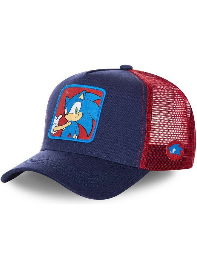 Daytoyz Cartoon Character Blue-Haired Embroidered Trucker Hat - Navy Blue with Red Mesh Back & Adjustable Snapback Cap 
