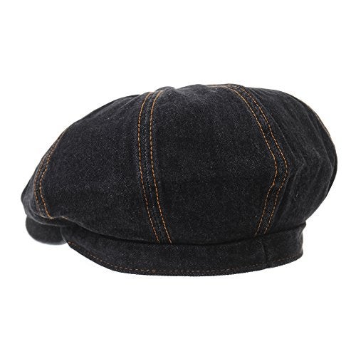 WITHMOONS Baker Boy Flat Cap Stitchy Beret Washed Denim Jean Hat DW3834 (Black) - Image 3